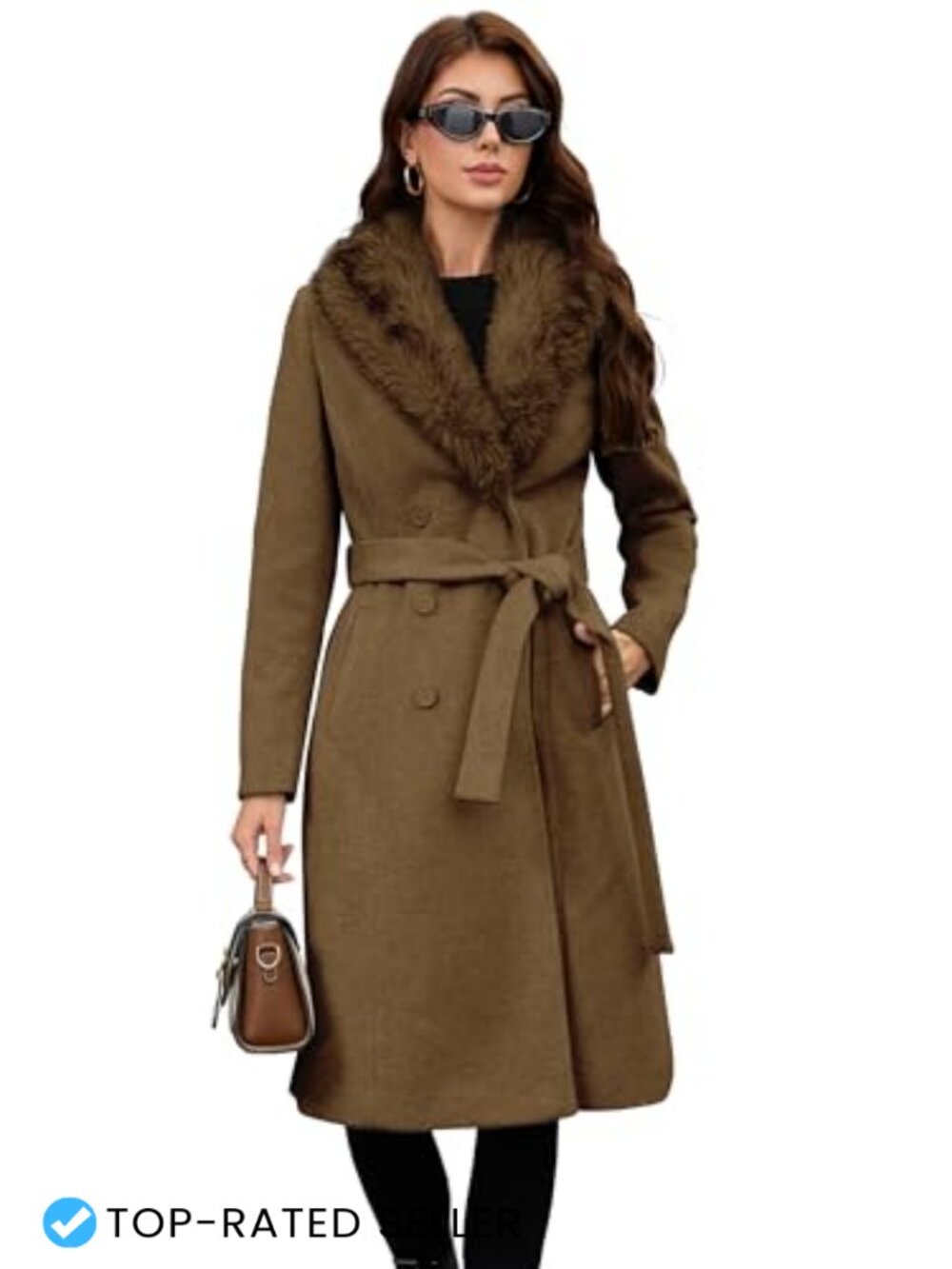 Wool Blend Double-Breasted Belted Trench Coat with Detachable Faux Fur Collar